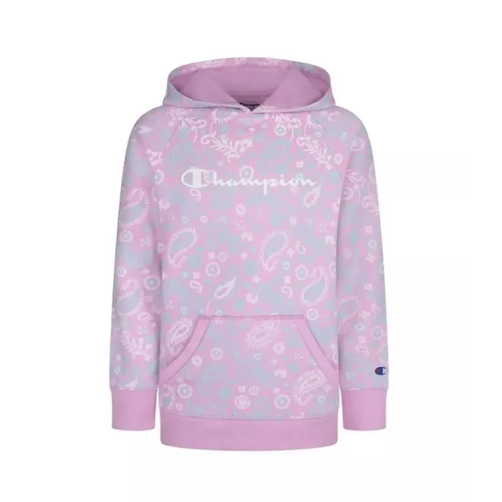 New CHAMPION Big Girls Paisley Script Fleece Hoodie, pink Medium